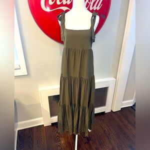 Jason Wu olive embroidered tiered maxi sundress, adjustable bow at shoulders, L